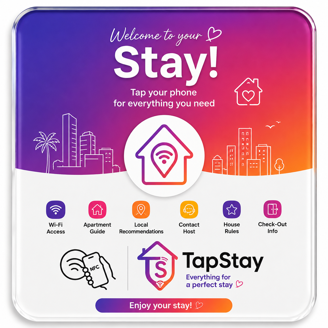 Front of the TapStay plaque with guest icons and printed QR code