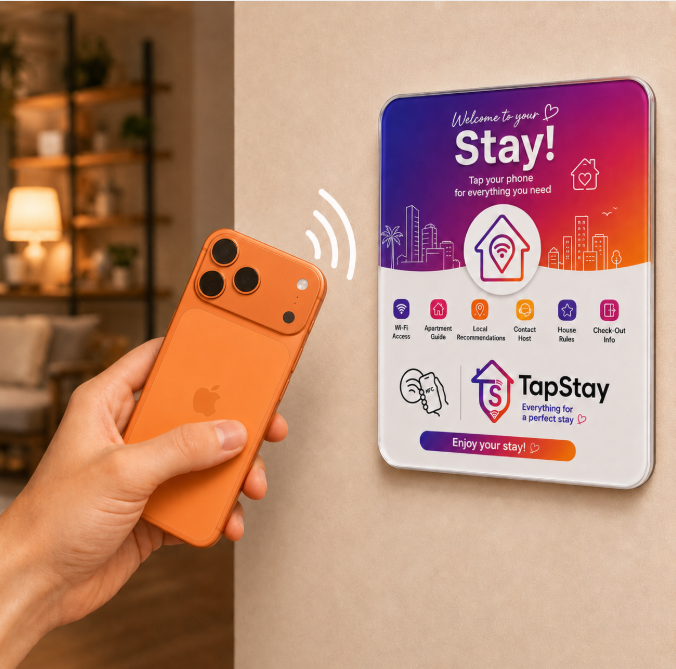 Guest tapping an orange smartphone near a TapStay NFC guest plaque